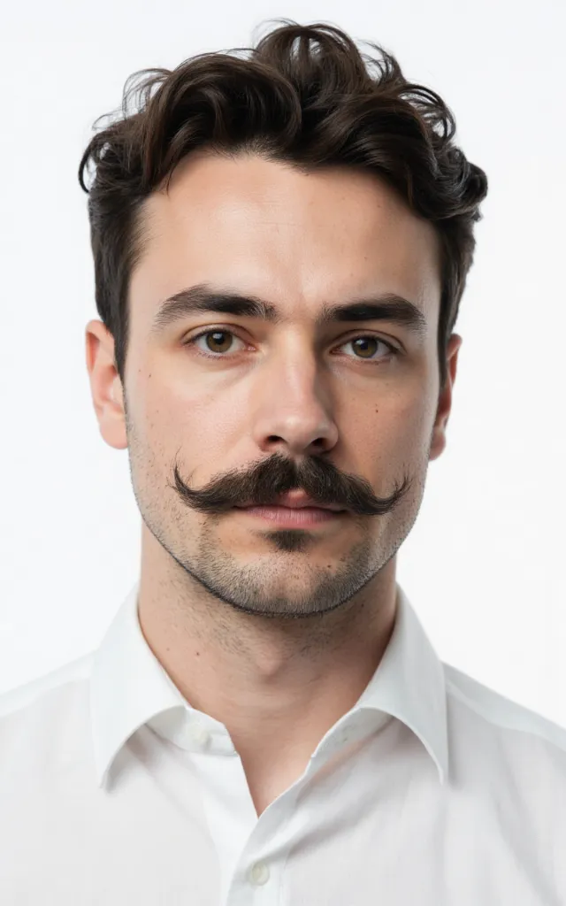 A French male model with a Handlebar mustache, wearing a shirt, against a white background, in a front   facing bust portrait